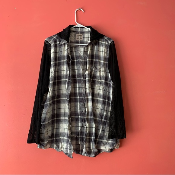LF furst of a kind chiffon mesh sleeves & hooded flannel - Picture 2 of 3